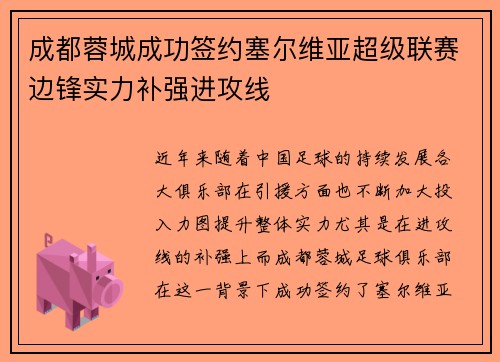 成都蓉城成功签约塞尔维亚超级联赛边锋实力补强进攻线